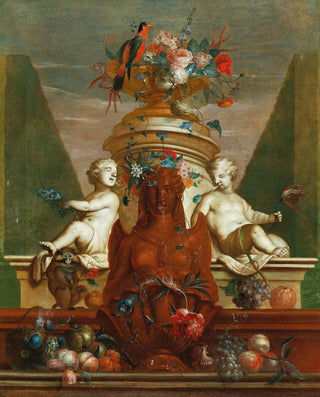 a fountain elaborated with fruit flowers and a parrot - Coenraet Roepel — artwork view