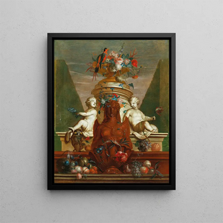 a fountain elaborated with fruit flowers and a parrot - Coenraet Roepel — framed artwork on a wall