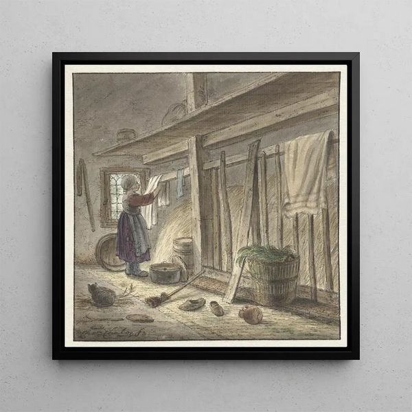 Corner of a stable with a girl hanging a fabric - Christina Chalon — framed artwork on a wall