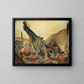This weapon was initially captured from the Germans during the Battle of Arras and used against them. - Colin Gill — framed artwork on a wall