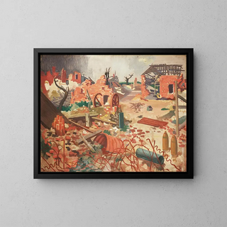 This village changed hands five times during the war. - Colin Gill — framed artwork on a wall