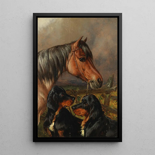 Reproduction of the painting A horse and two Gordon setters - Colin Graeme Roe