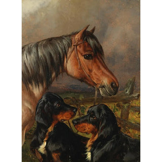 Reproduction of the painting A horse and two Gordon setters - Colin Graeme Roe