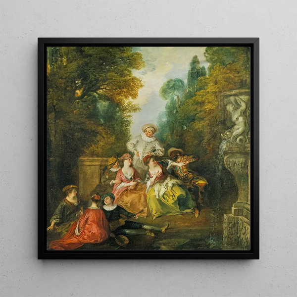 Comédiens Italiens près d'une Fontaine - Nicolas Lancret — framed artwork on a wall