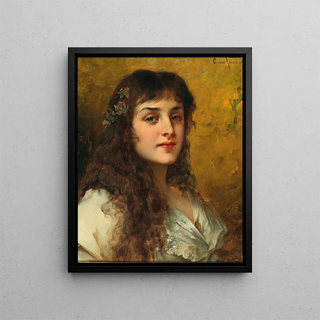 Portrait of a lady with snowdrops in her hair - Conrad Kiesel — framed artwork on a wall