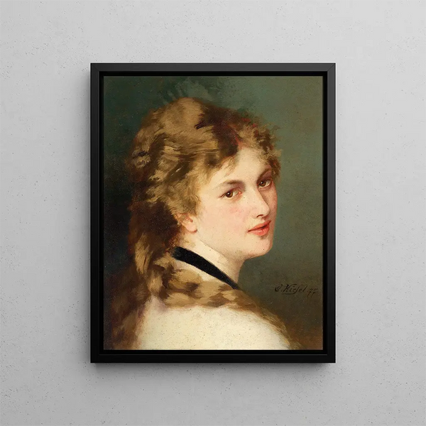 Portrait of a lady with a black collar - Conrad Kiesel — framed artwork on a wall