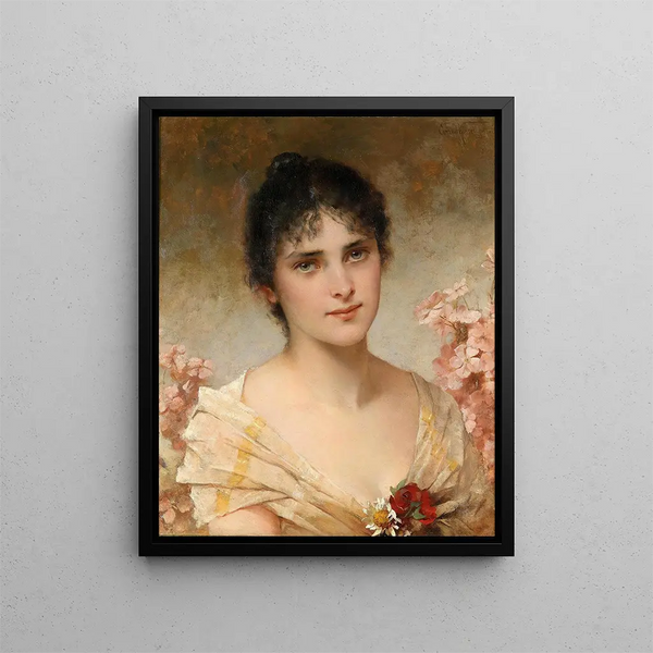 Girl with Flowers - Conrad Kiesel — framed artwork on a wall