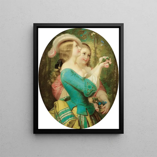 Young girls with umbrella in a garden - Constant - Joseph Brochart — framed artwork on a wall