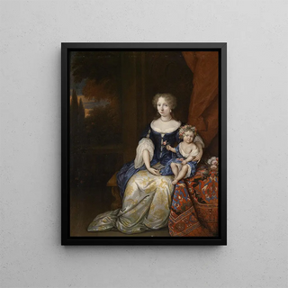 Young woman with child - Constantijn Netscher — framed artwork on a wall