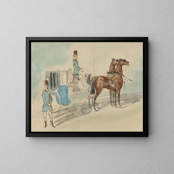 Carriage with coachman and valet in spring - Constantin Guys — framed artwork on a wall