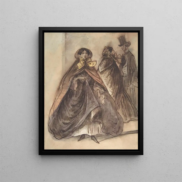 Two women and a man with a top hat and a monocle - Constantin Guys — framed artwork on a wall