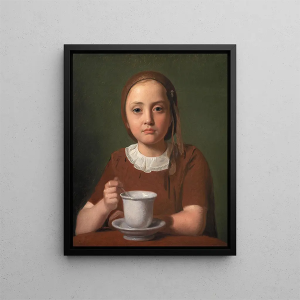 Portrait of a Little Girl Elise Købke with a Cup in Front of Her - Constantin Hansen — framed artwork on a wall