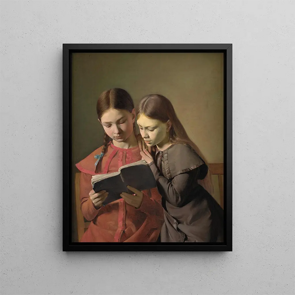 Les sœurs artistes Signe et Henriette lisant un livre - Constantin Hansen — framed artwork on a wall