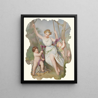 Girl on a Swing with Two Children - Continental School — framed artwork on a wall