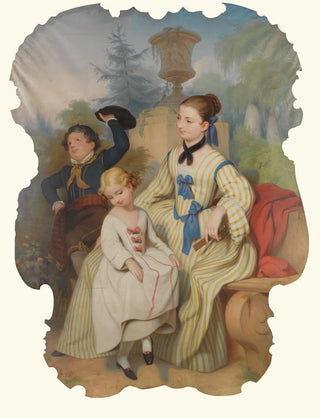 Girl with a fan and two children in elegant dress - Continental School — artwork view