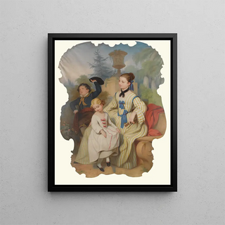 Girl with a fan and two children in elegant dress - Continental School — framed artwork on a wall