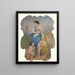 Girl with two children and a mask - Continental School — framed artwork on a wall