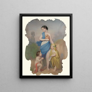 Girl with two children and a mask - Continental School — framed artwork on a wall
