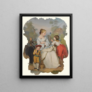 Girl with Two Children and a Butterfly - Continental School — framed artwork on a wall