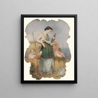 Girl with Two Children, Dog and Birds - Continental School — framed artwork on a wall