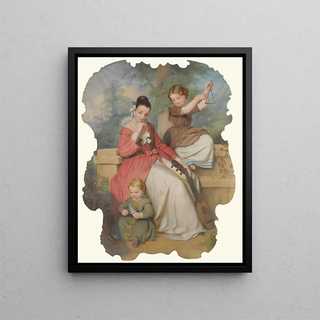 Girl with Two Children Playing Music - Continental School — framed artwork on a wall