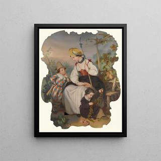 Girl with Two Children The Boy Dressed as Harlequin - École Continentale — framed artwork on a wall