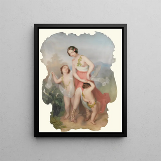 Girl with two dancing children - Continental School — framed artwork on a wall