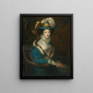 Portrait of a woman in a blue velvet jacket with ermine trim - Continental School — framed artwork on a wall