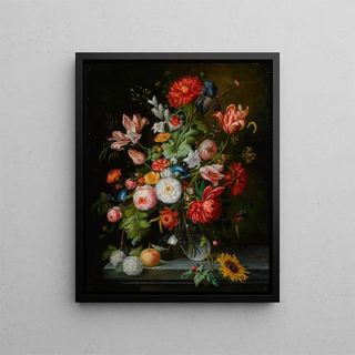 a Still life with flowers in a glass vase - Continental School — framed artwork on a wall