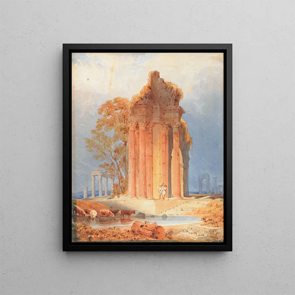 Cattle watering by Corinthian columns - Copley Fielding — framed artwork on a wall