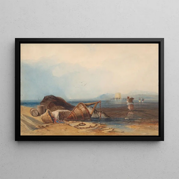 Coastal landscape painting at low tide with fishermen - Copley Fielding — framed artwork on a wall