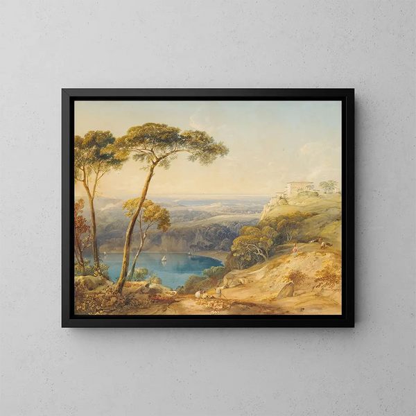 Lac Nemi avec les marais pontins en arrière-plan - Copley Fielding — framed artwork on a wall