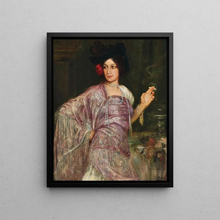 Portrait painting of Dora Gedon as a flamenco dancer with a Manila scarf thrown over her shoulder - Corneille Max — framed artwork on a wall