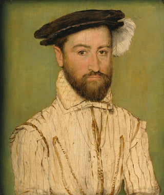 Portrait of a bearded gentleman wearing a black beret and white plumage - Corneille de Lyon — artwork view