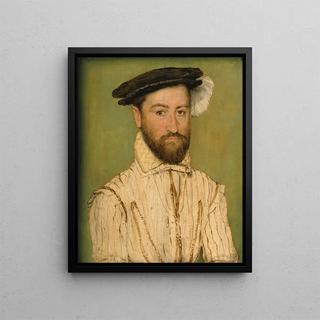 Portrait of a bearded gentleman wearing a black beret and white plumage - Corneille de Lyon — framed artwork on a wall