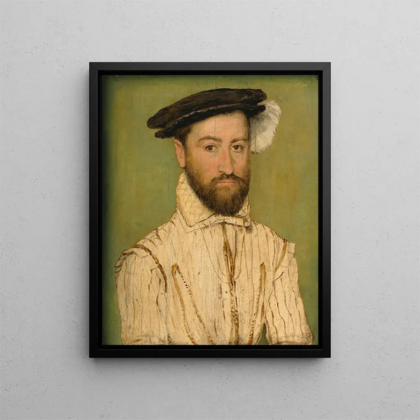 Portrait of a bearded gentleman wearing a black beret and white plumage - Corneille de Lyon — framed artwork on a wall