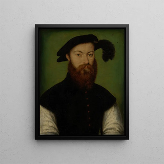 Portrait of a man with a hat with black feathers - Corneille de Lyon — framed artwork on a wall