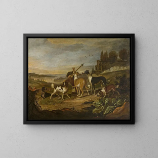 Hunting Dogs in the Landscape - Cornelis Beeldemaker — framed artwork on a wall