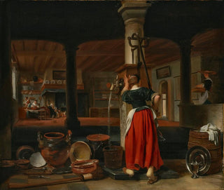 a Servant Pumping Water in a Kitchen Interior - Cornelis Bisschop — artwork view