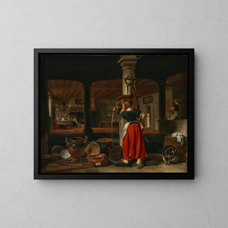 a Servant Pumping Water in a Kitchen Interior - Cornelis Bisschop — framed artwork on a wall
