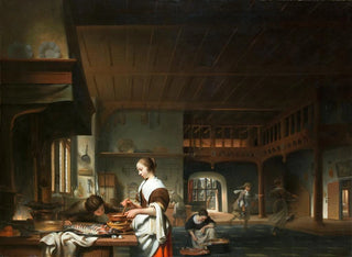 Interior kitchen painting with a woman cooking - Cornelis Bisschop — artwork view