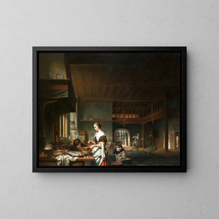 Interior kitchen painting with a woman cooking - Cornelis Bisschop — framed artwork on a wall