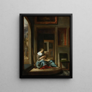 a woman peeling an apple - Cornelis Bisschop — framed artwork on a wall