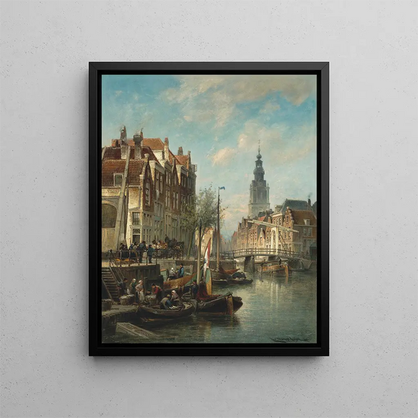 Figures and ships on a canal in Amsterdam with the Zuiderkerk in the background - Cornelis Christiaan Dommelshuizen — framed artwork on a wall