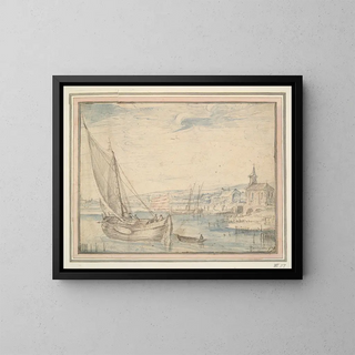 Boats near a Village - Cornelis Claesz van Wieringen — framed artwork on a wall