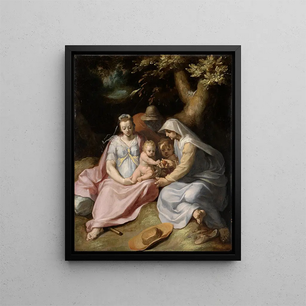 Baptism of Christ Painting The Holy Family with Saint Elizabeth and the Child John in the Forest - Cornelis Cornelisz van Haarlem — framed artwork on a wall
