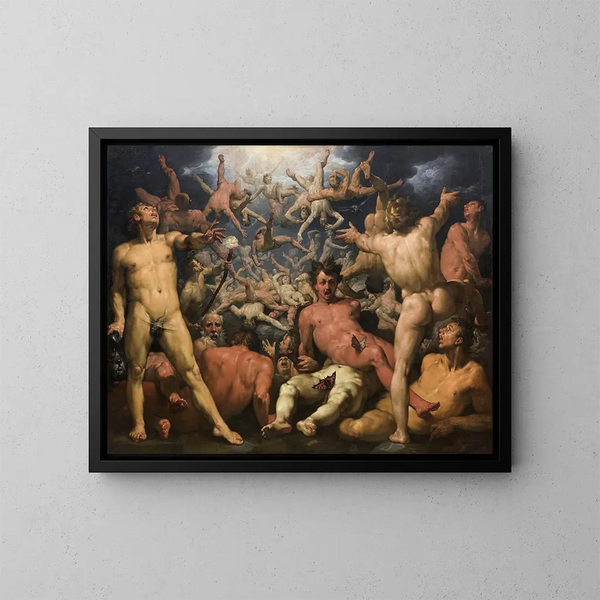 The Fall of the Titans - Cornelis Cornelisz van Haarlem — framed artwork on a wall
