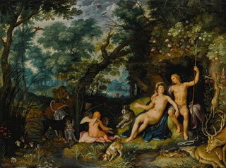 Venus and Adonis resting in a vast landscape with Cupid, hunting dogs, and their prey - Cornelis Cornelisz van Haarlem — artwork view