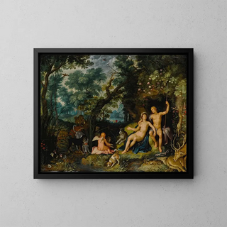 Venus and Adonis resting in a vast landscape with Cupid, hunting dogs, and their prey - Cornelis Cornelisz van Haarlem — framed artwork on a wall