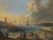 a Mediterranean harbor scene with an Ottoman barge and other boats, characters on the beach, a rainbow in the distance - Cornelis de Wael — artwork view